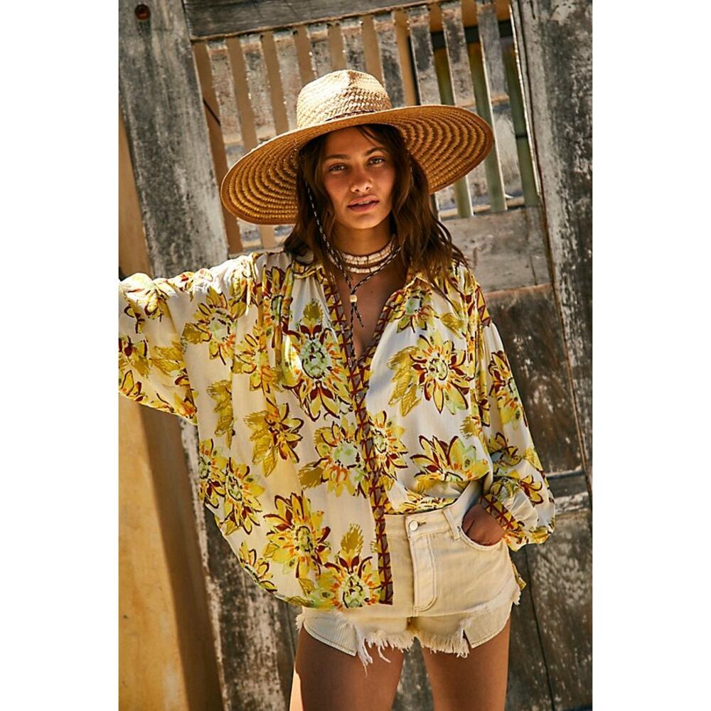 Free People Good Vibrations Sunflower Print Top Womens Size XS